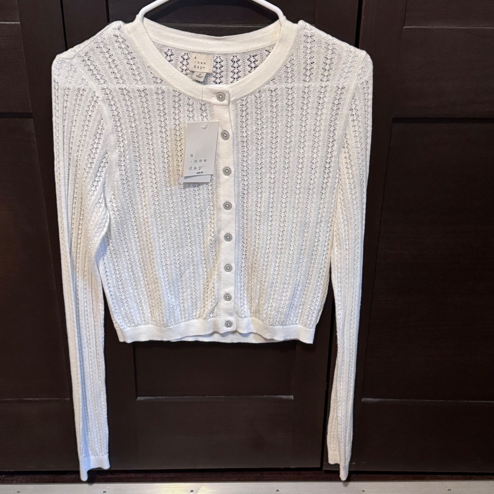 A New Day Womens White Cardigan Pointelle Knit Cropped Sweater SizeS NWT